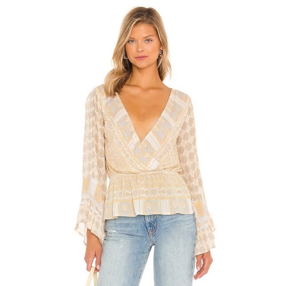 FREE PEOPLE Rosalie Wrap Top Antique Combo Geometric Tile Floral Print Small - Picture 1 of 16